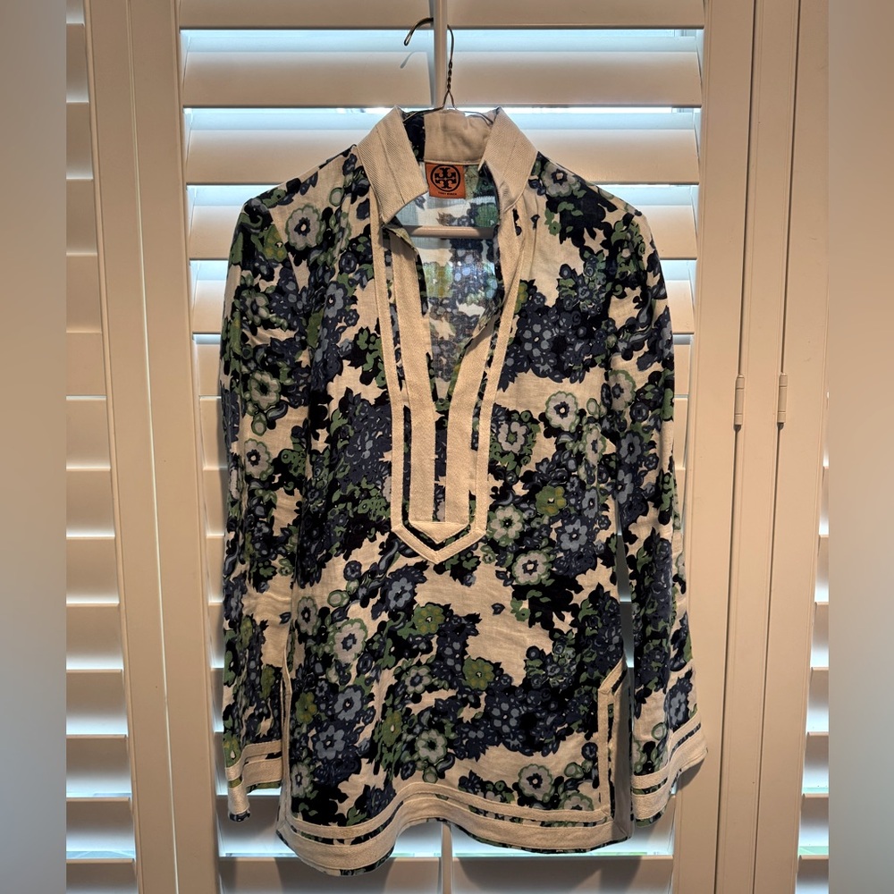 Tory Burch Floral Tunic Top | Boho Luxe Resortwear | Blue Green Print | Size s